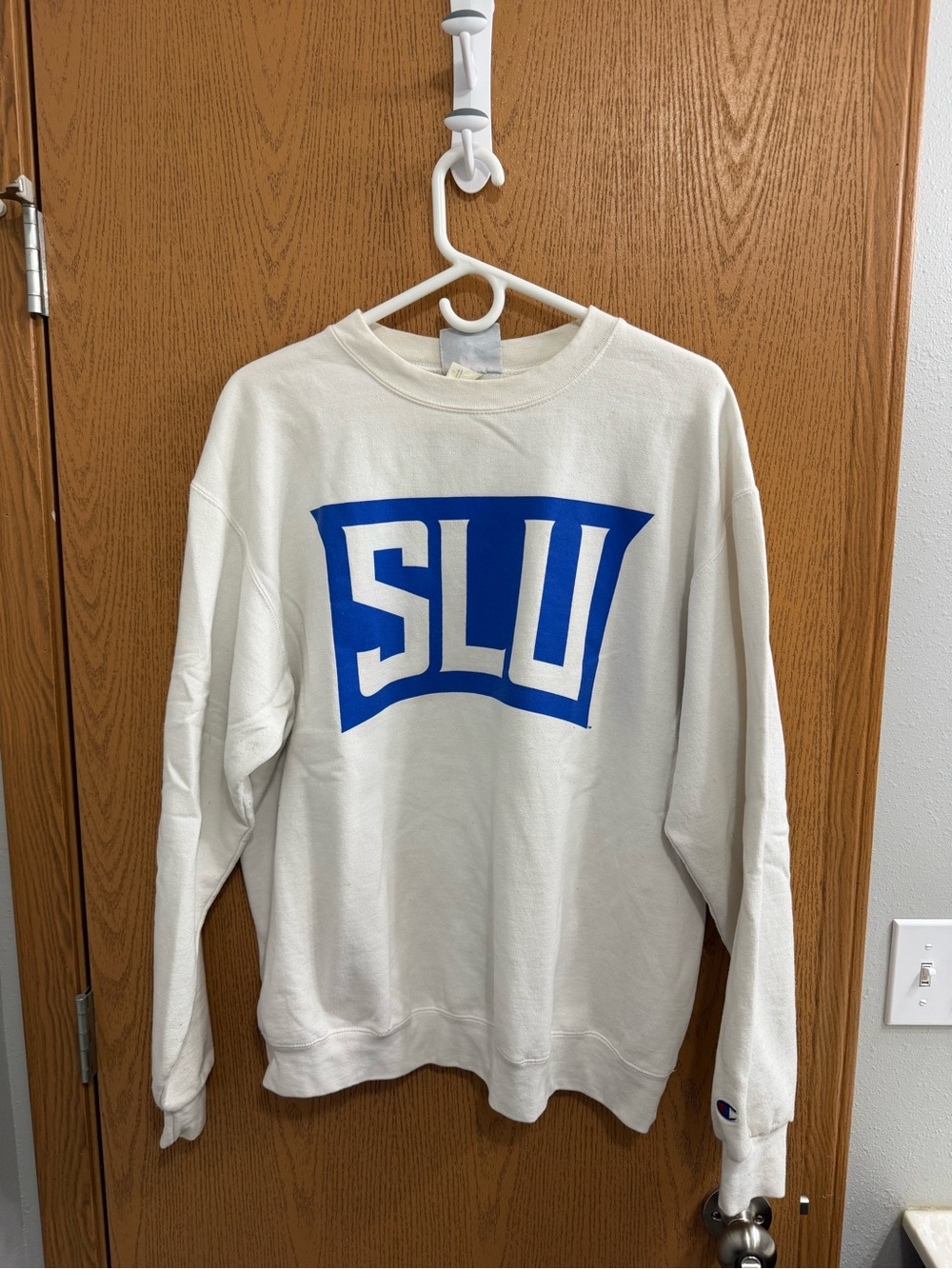 Champion Cream Crewneck with Bold Blue SLU Logo